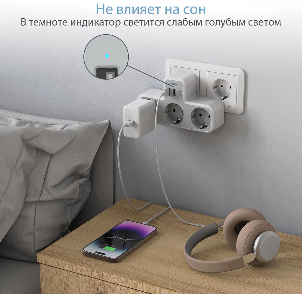 Tessan שקע קיר מרובים שחור עם 3 שקעי AC ו-2 יציאות USB 1 Type C, מתאם USB 6 ב-1 עם הגנה מפני עומס יתר לסמארטפון, טאבלט