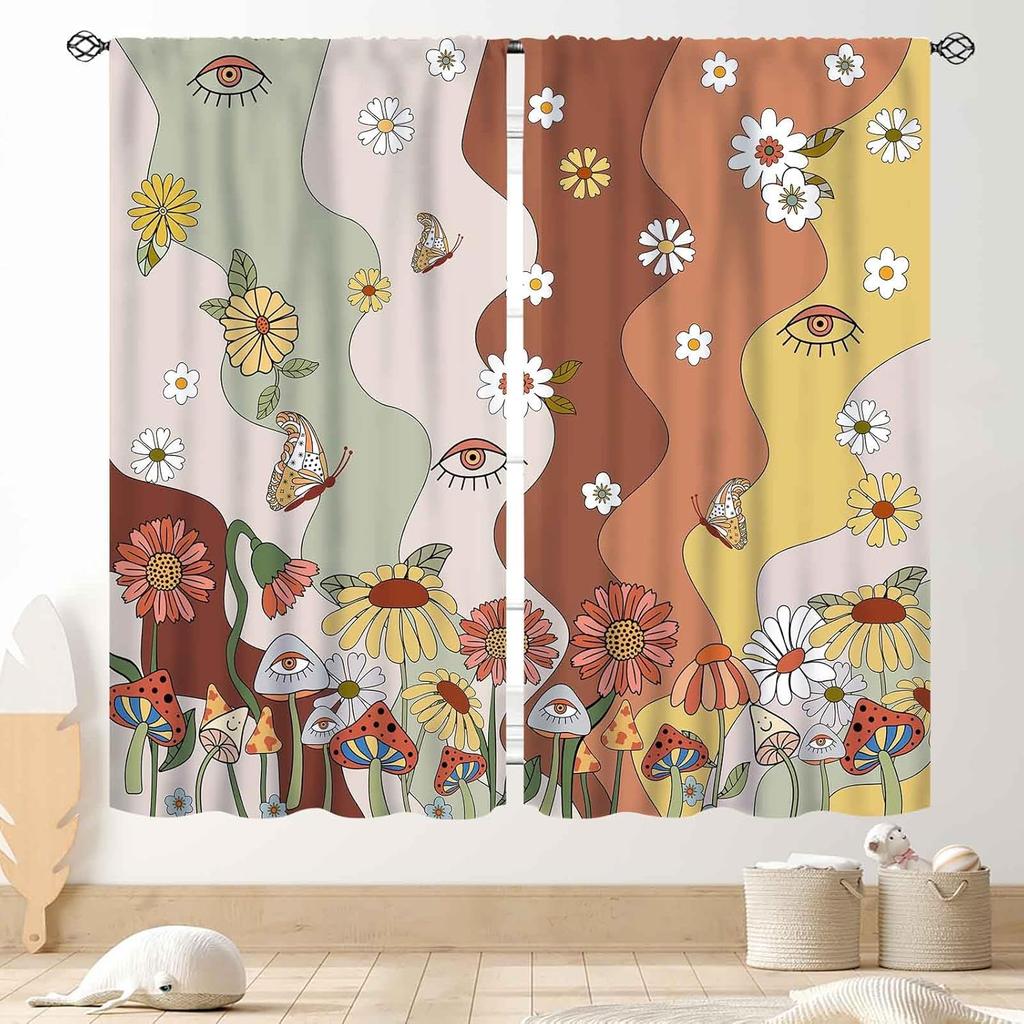 Mushroom Curta, Retro Wild Floral Botanical Mushroom Cottagecore Nature Plants Herbs Farmhouse Blackout Drapes For Kitchen