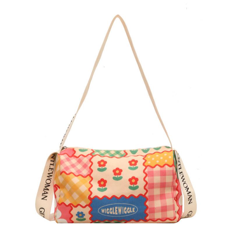 Cute Painted Floral Canvas Bag 2023 New Casual Shoulder Bag Cross-border Fashion Bear Grid Blue Red