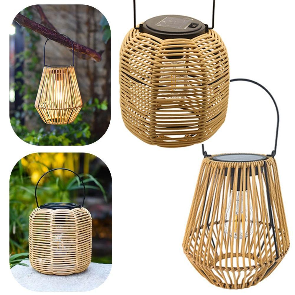 Waterproof Rattan Solar Lantern Bamboo Frame Solar Powered Bamboo Chandelier Lamp Standing/Hanging Weaving Lantern