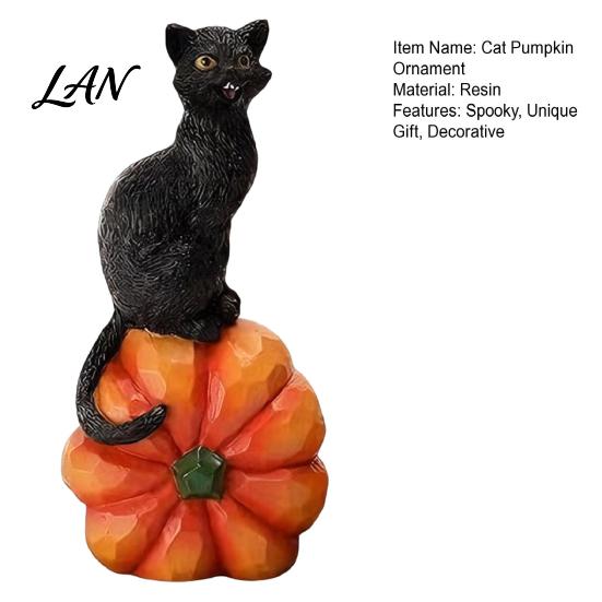 Black Cat Statue for Window Sill Halloween Pumpkin Ornament, Vintage Wood Carving Style Seasonal Festive Atmosphere Props Resin Figurine, Spooky