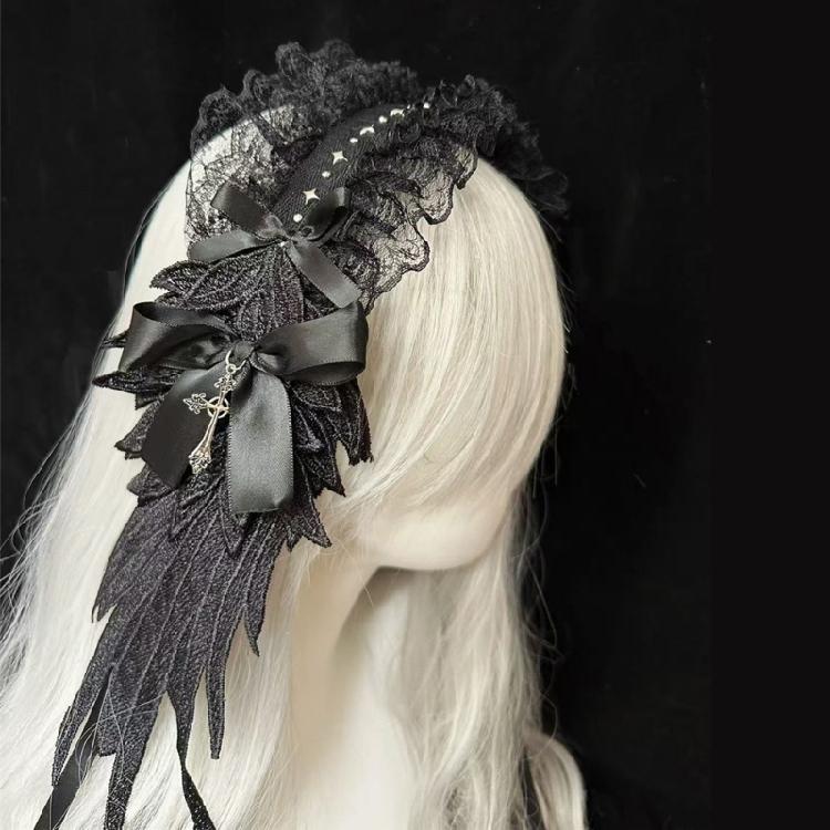 Lace Bowknot Hairband with Angel Wing Anime Theme Event Lace Ruffle Trim Headband For Roleplay Parties And Costume