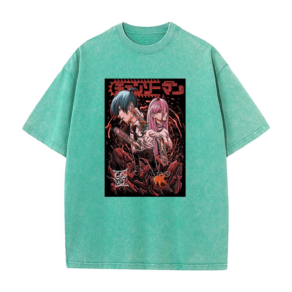 Chainsaw Man Anmie Tshirt Denji And Power Hayakawa Aki Print Men Women Washed Cotton Tshirts Harajuku Unisex Oversized T Shirt