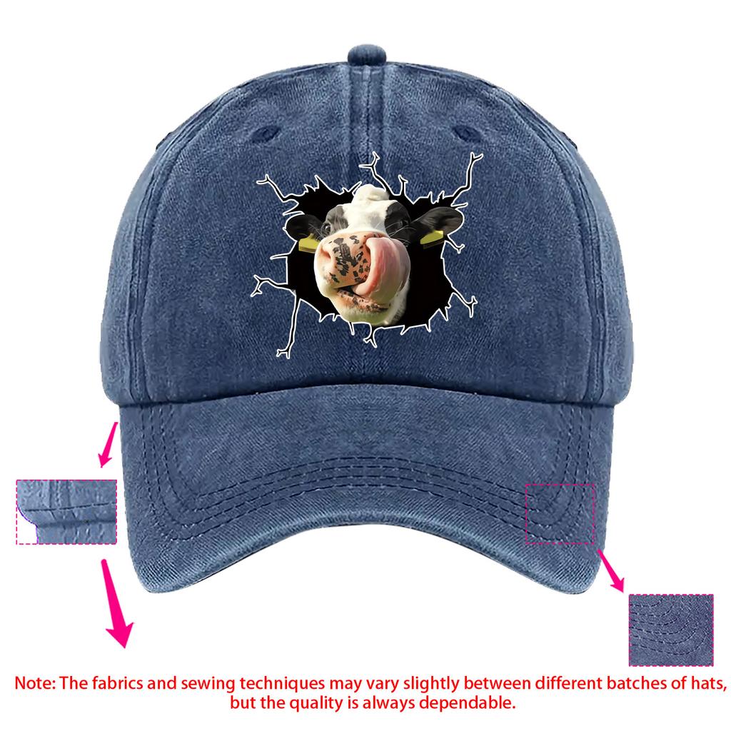 Funny Licking Cow Breaking Through Denim Baseball Cap Unisex Casual Washed Adjustable Farm Hat