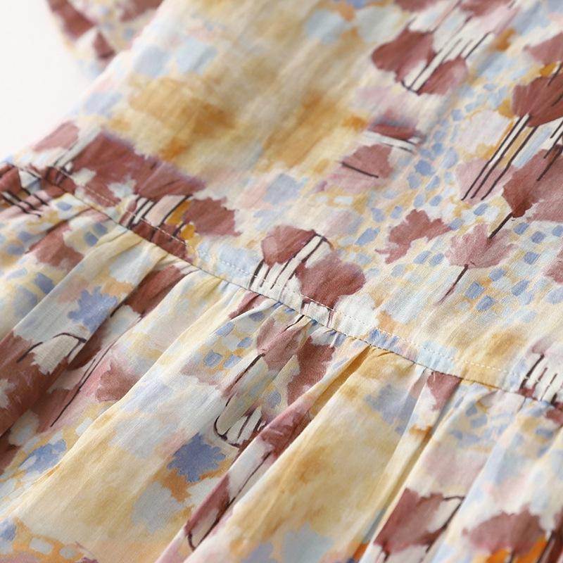 2025 spring and summer new product round neck short sleeve printed cotton and linen dress women's foreign style small floral medium and long skirt