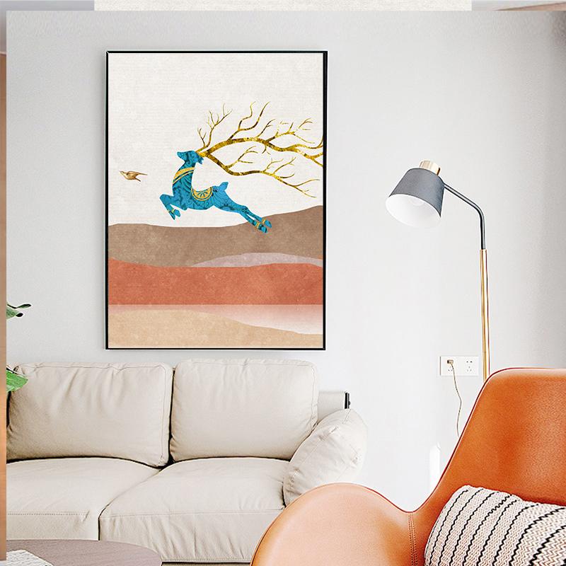 Nordic Landscape Poster Wall Art Canvas Print Picture Mountain Deer Moon Sunrise Modern Abstract Painting for Living Room Decor