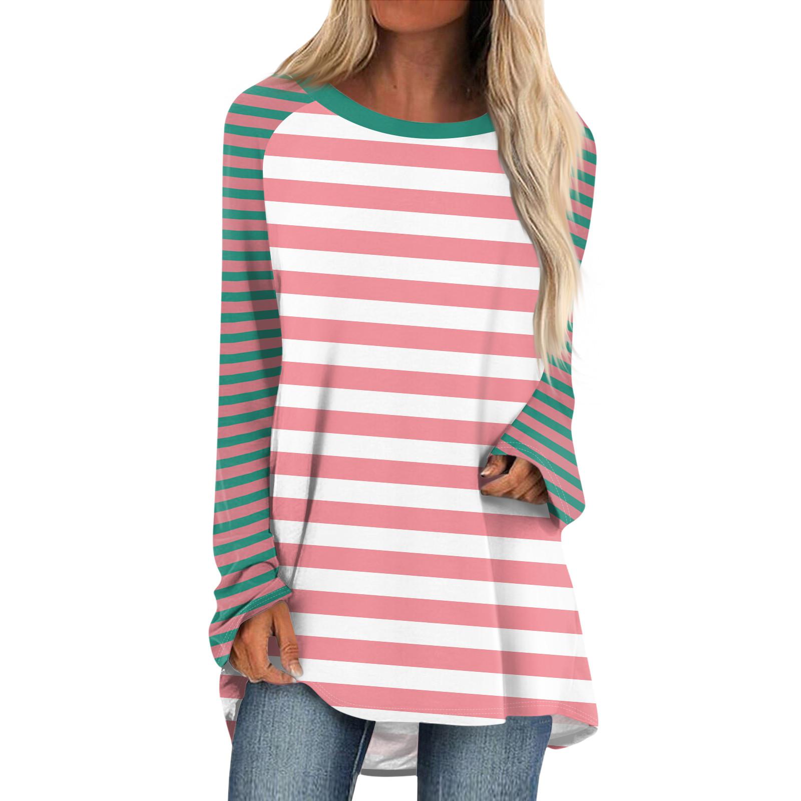 

Женская мода повседневная спущенная линия плеча с длинным рукавом миди полосатый принт топ XXL розовый