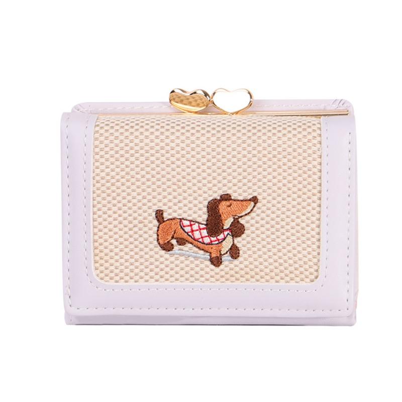 New Pu Leather Change Bag Women's Fabric Art Literary Card Bag Small and Portable Cartoon Cute Canvas Embroidered Wallet Women