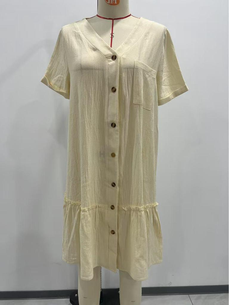 Women's Summer 2025 Casual Ruffle Hem Pocket Dress with Short Sleeves
