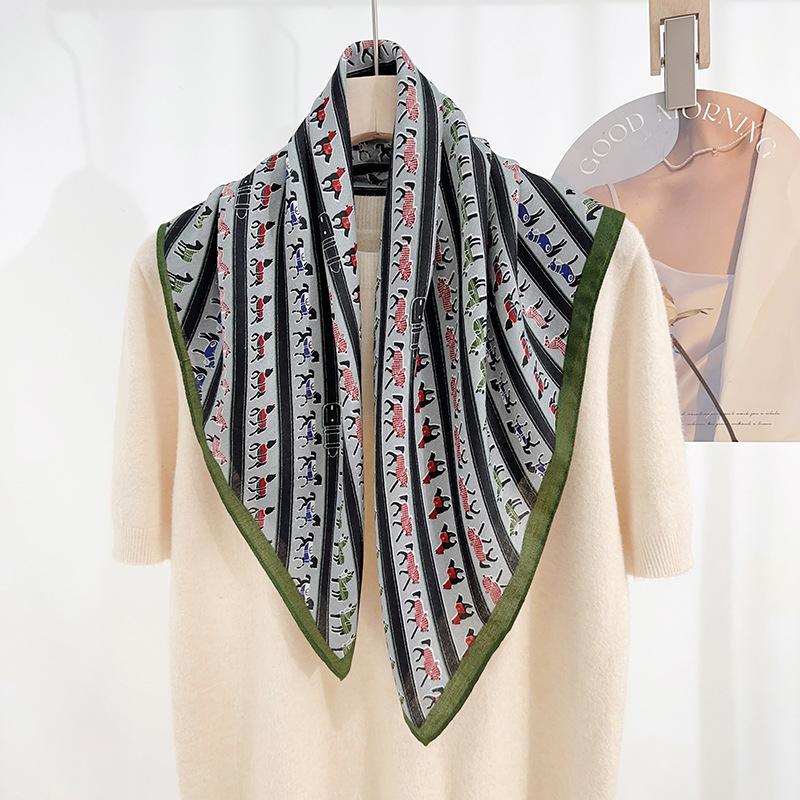 Designer Niche Personalized Printed Square Scarf Japanese and Korean High-end Sense Elegant Temperament Herringbone Silk Scarf Decorative Scarf