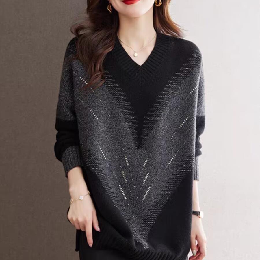 Modischer V-Ausschnitt Bügelpullover für Damen Locker Gestrickter Pullover Herbst und Winter Neu Große Größe Oberbekleidung Basis-Shirt