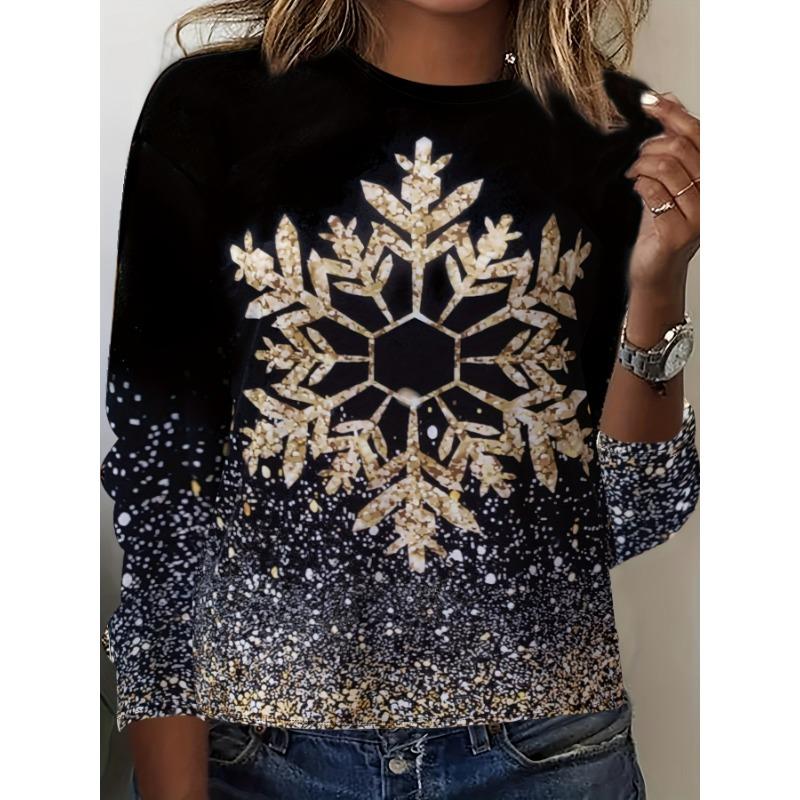 Camiseta de manga larga con cuello redondo y estampado 3D de copos de nieve con temática navideña, ropa de moda para mujer, ropa informal Y2K, ropa Harajuku para mujer