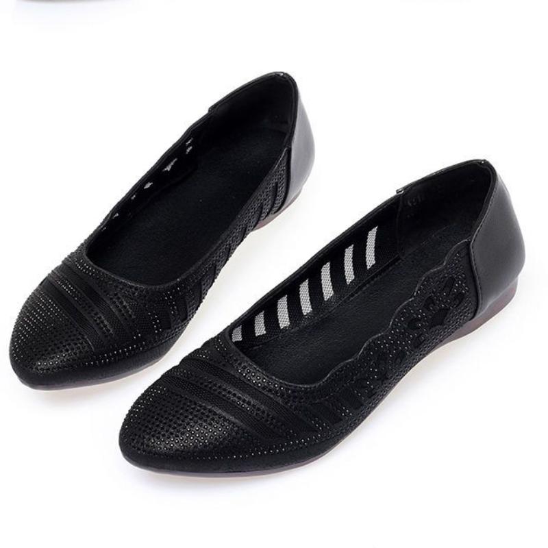 Scarpe da Donna in Morbida Pelle Scarpe da Donna a Punta con Strass e Rete a Bocca Bassa con Suola Morbida e Tacco Basso Sandali Calzature