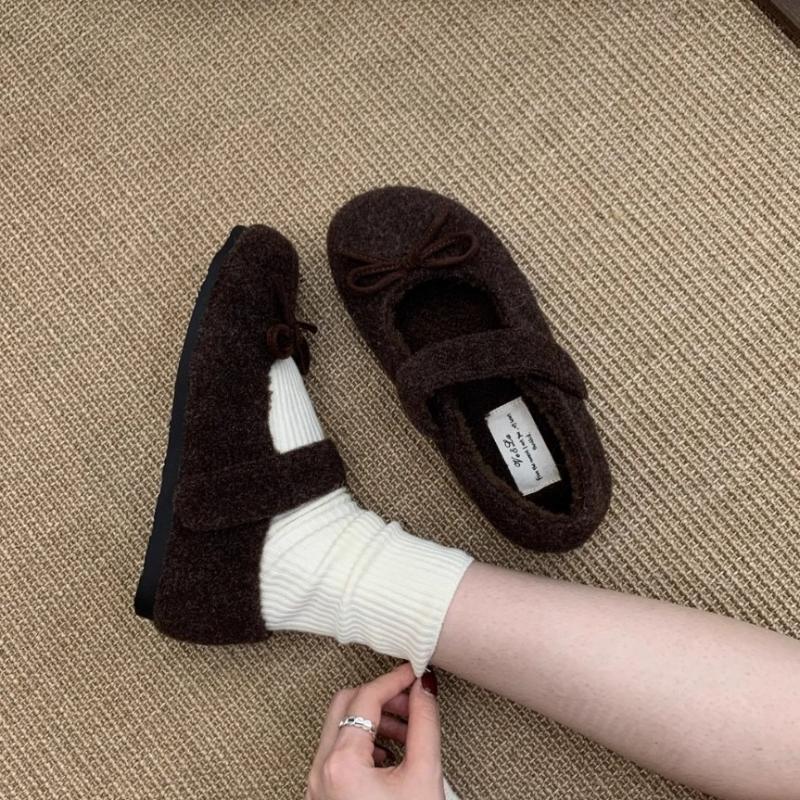 Women's Mary Jane Shoes 2025 Winter New Outdoor Bow Knot Plush Casual Shoes Lightweight Comfort Soft Sole Non Slip Flats
