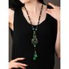 GEMCHIC Women's Vintage Green Jade Beaded Sweater Necklace Ethnic Style Long Pendant Chain with Tassel for Winter Outfits