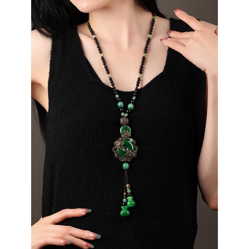 GEMCHIC Women s Vintage Green Jade Beaded Sweater Necklace Ethnic Style Long Pendant Chain with Tassel for Winter Outfits