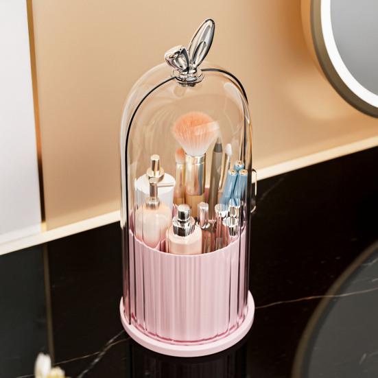 Rotating Makeup Brush Holder Dustproof Makeup Brush Organizer with Sliding Door Cosmetic Tools Beauty Brushes Holder for Vanity Table Bathroom