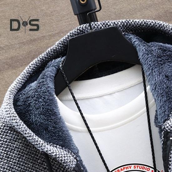 Winter Men Jacket Thickened Fleece Hooded Drawstring Zip-up Long Sleeves Sweater Coat Pockets Elastic Cuff Retro Knitted Daily Wear Outerwear Jacket