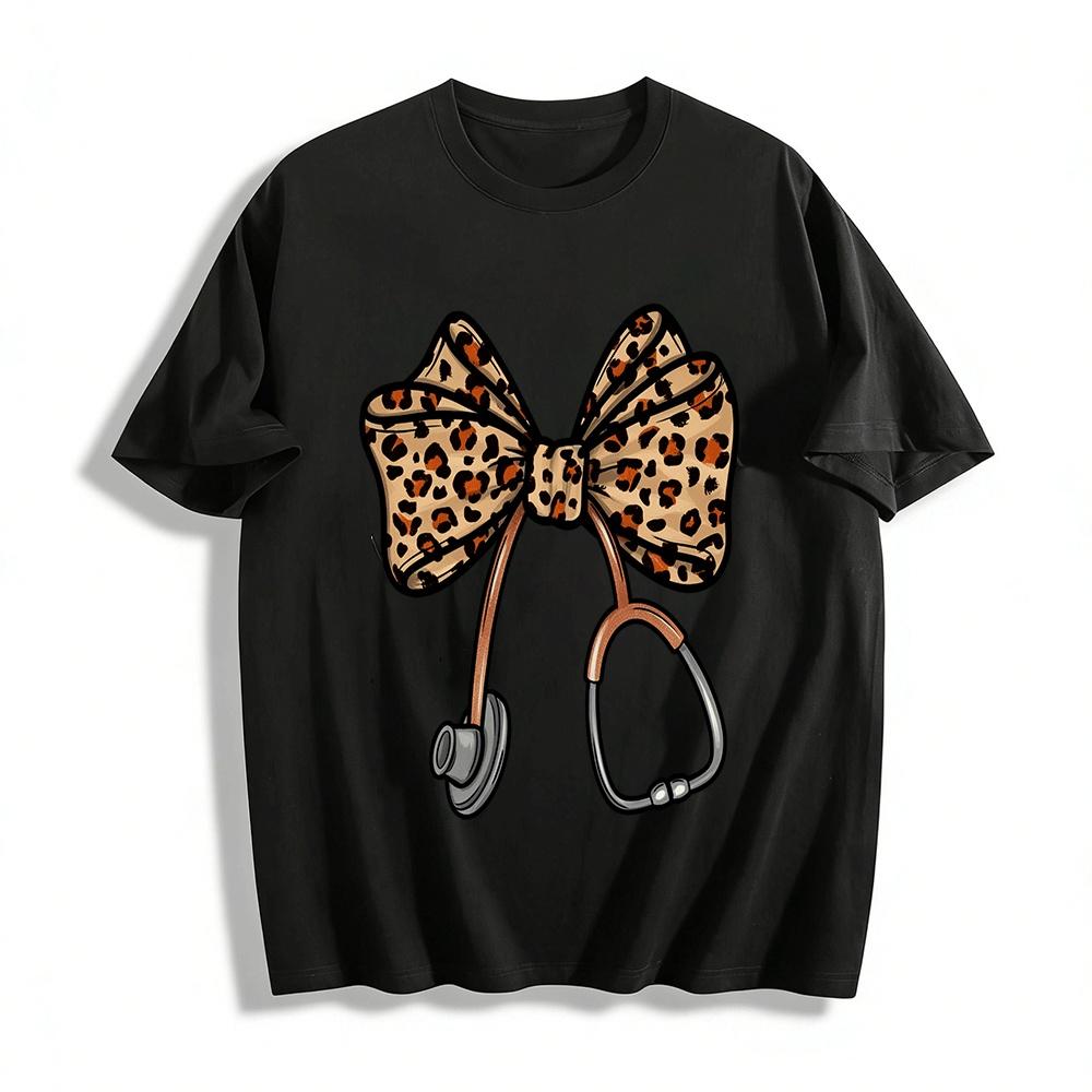 Leopard Print Bow Stethoscope Graphic Nurse Themed Casual Top Pure cotton T-shirt XXS
