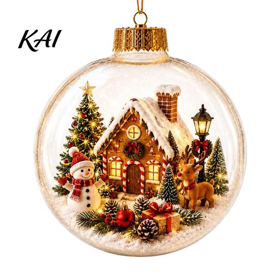 Transparent Holiday Tree Pendants Glowing Christmas Story Ornament, Mini Scene In Ball with Warm LED Illuminated Winter Ornaments Light,