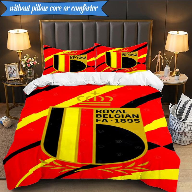 3PCS Belgium Football Crest Emblem Bedding Set 2D Printing (Includes 1 Duvet Cover + 2 Pillowcases Coreless), Bedroom decor,Fan gift