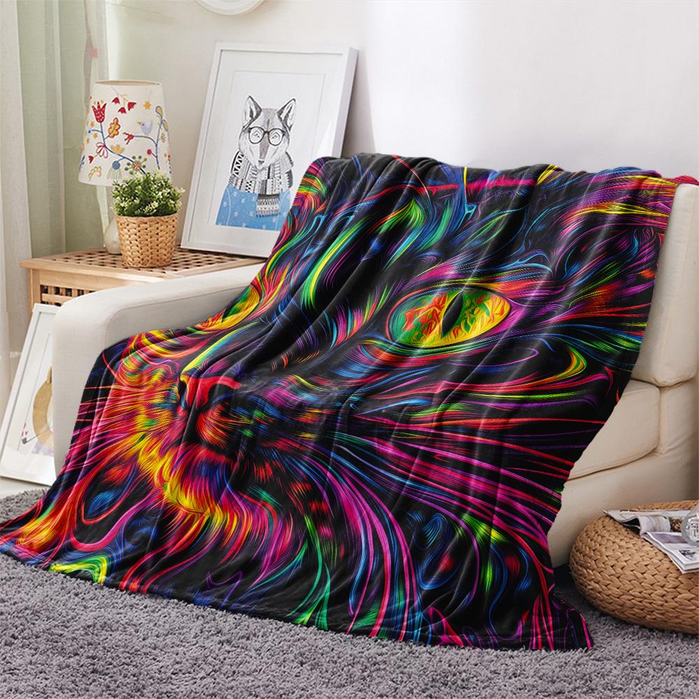 Neon Cats  Print Flannel Blanket, High quality Comfortable for All Seasons, Home Decor, Warmth and Comfort