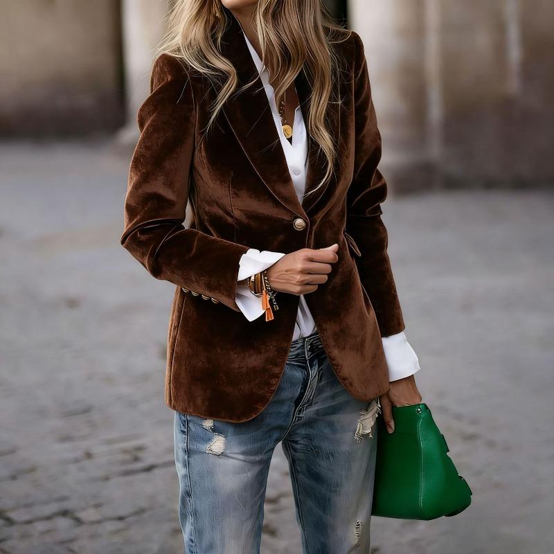 Women's Solid Color Velvet Notched Lapel Single‑Button Long Sleeve Slim Fit Blazer Jacket