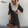 Celmia Spring Autumn Women's Fashion Lace Printed Midi Dress Ruffle Long Sleeve Lace-up Casual Loose Short Dresses Vestidos Plus Size