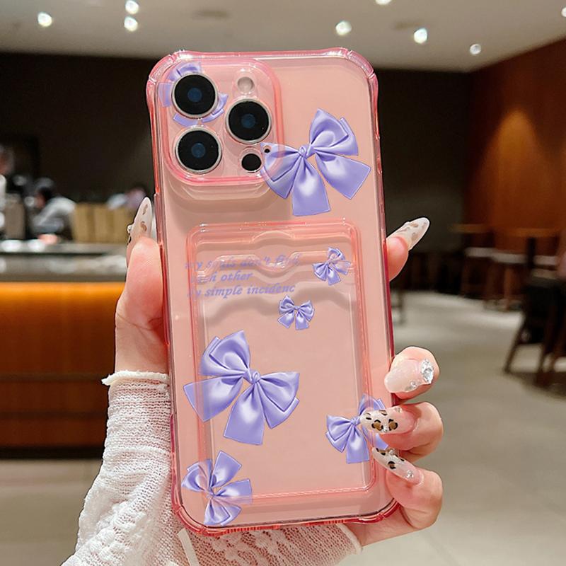 Solid Color Bowknot Print Transparent Card Slot Phone Case For iPhone 16 15 Pro 14 Pro Max 13 12 11 Clear Shockproof Slim Soft Silicone Bumper Cover