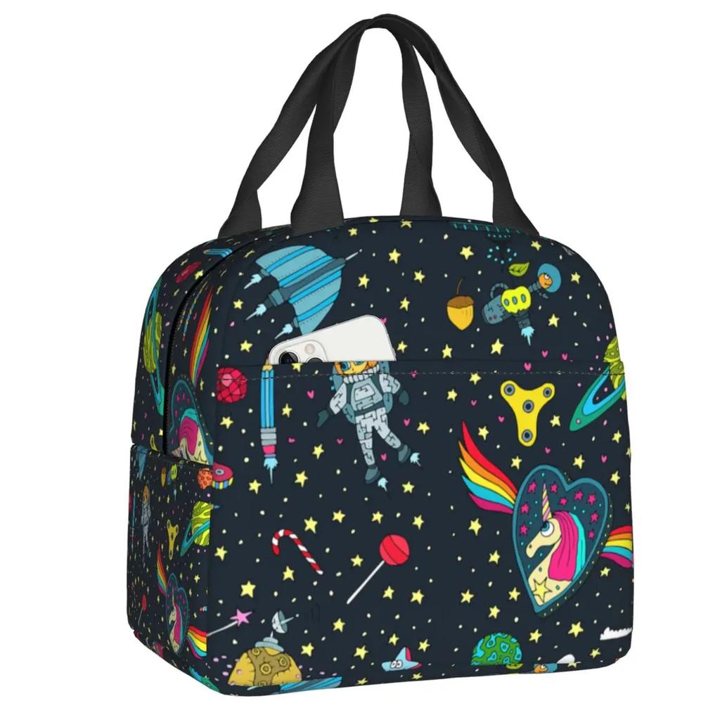 Cartoon Space Planet Rocket Thermal Insulated Lunch Bag Women Astronaut Spaceship Portable Lunch Box for Kids School Food Bags