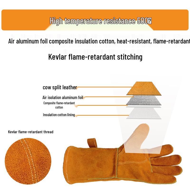 Cowhide Heat-Resistant BBQ & Welding Gloves - Aluminum Foil Insulated, Fireplace & Oven Safe.