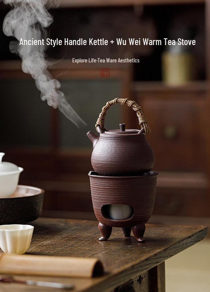 Guanlan Retro Chinese Coarse Pottery Tea Stove Set with Handle for Outdoor Camping