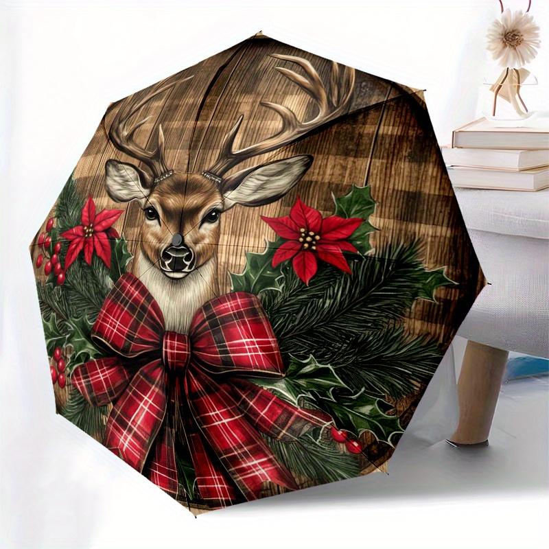Christmas Deer Plaid Bow Wreath Wood WallArt DecorUmbrella, Portable 3-Fold Compact Umbrella for Men & Women Gift