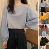 Women T-shirt Round Neck Lantern Long Sleeve Elastic Cuffs Tee Shirt Solid Color Loose Fit Pullover Tops Daily Wear