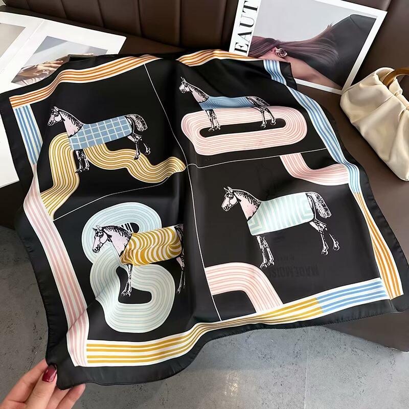 Luxury Silk Shawl Square Scarf Women Horse Satin Hijab Fashion Wraps Neckerchief Female Hair Bands Ribbon Headband Bandana 70CM