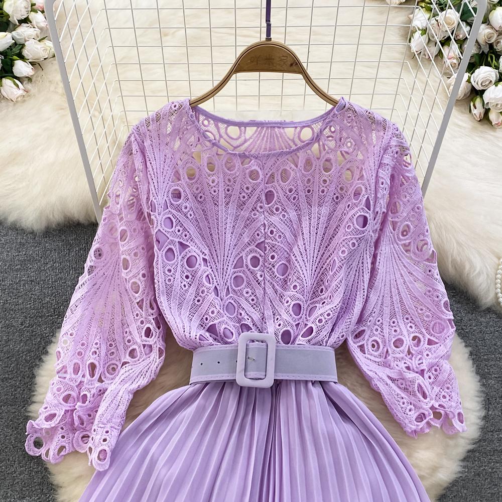 Summer Women Hollow Out Lace Pleated Long Dress Vintage Female O-Neck Yellow/Purple/Blue/Black Patchwork Draped Maxi Vestidos
