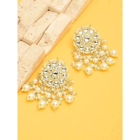 Gold Tone Kundan & Pearls Wedding Collection Dangle Earring For Women
