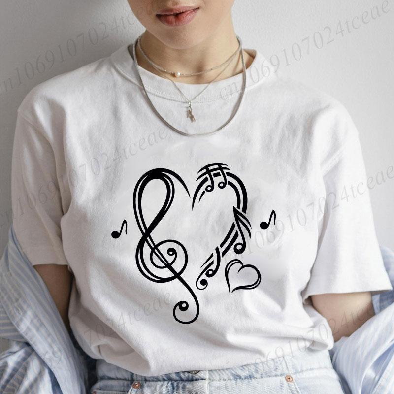 Musical Note Heart Print Unisex T Shirt Short Sleeve O Neck Unisex Tshirt Ladies Fashion Tee Shirt Tops Clothes Camisetas Mujer