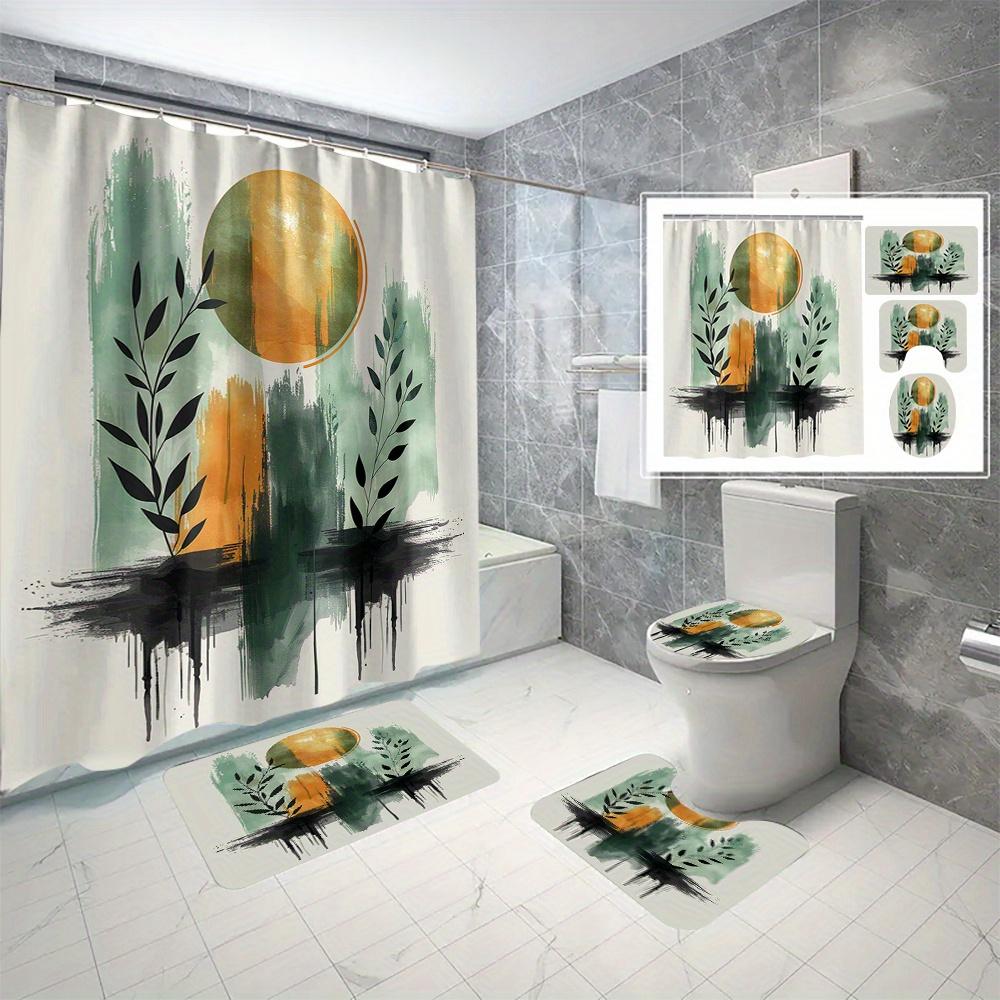 

4-Panel Polyester Shower Curtain-With Hooks, Vivid Yellow Moon And Green Leaves Digital Print, Machine Washable, Easy To Install W60H190(CM)-1 Pcs