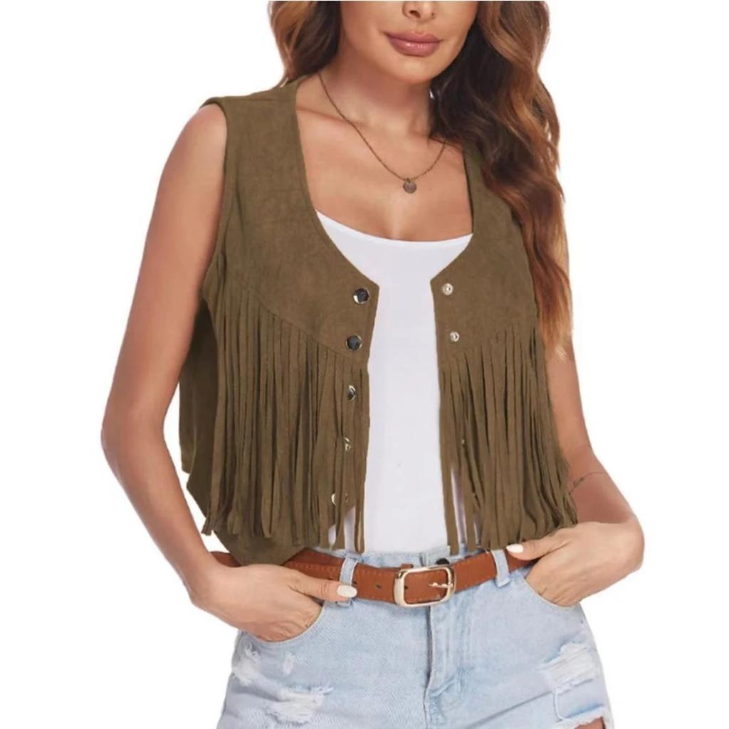 Women's Vest Faux Suede Ethnic Sleeveless for Jacket Rivet Fringe Tassels Hippie Open Front Cardigan Vintage Cowgirl Waistcoat