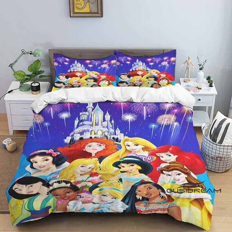 1pcDisney Princess 3D Printed Duvet Cover and Pillowcase Bedding Set, Suitable for Single, Double, King, and Queen Beds.