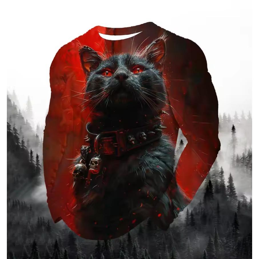 Lion Cat Fierce Animal Print Men's T-shirt Fashion Long Sleeve T-shirt Casual Round Neck Street Top Loose Pullover Autumn