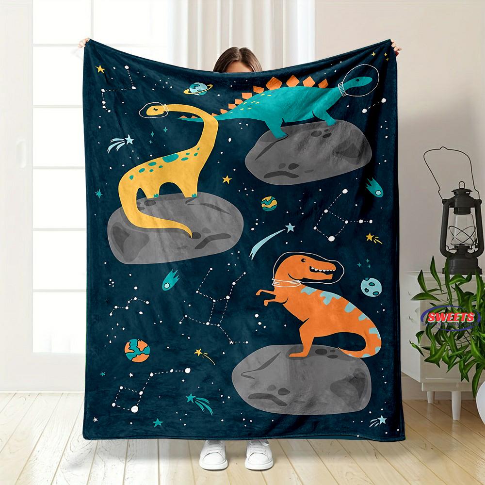 Cartoon Dinosaurier Weltraum Muster weiche Flanelldecke für Bett Schlafzimmer Sofa Picknick, Warme Überwurfdecke zum Zudecken Outdoor Freizeit Nickerchen