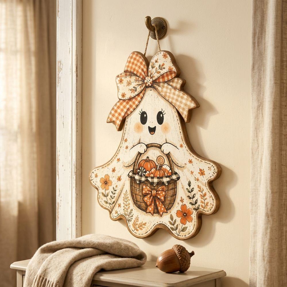 2D Flat Halloween Ghost Wood Door Hanger Rustic Style Whimsical Fall Harvest Door Plaque Cartoon Pattern Fade Resistant