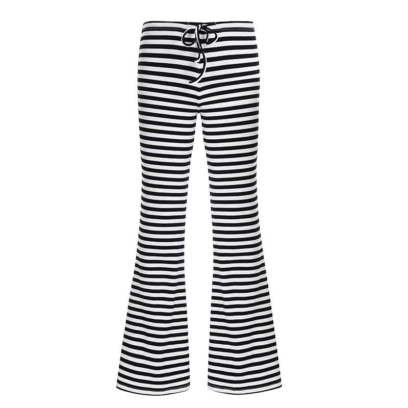 American Street Idle Style Stripe Design High Waist Lace-up Straight Bootcut Trousers Gyaru Slimming Knitted Casual Trousers