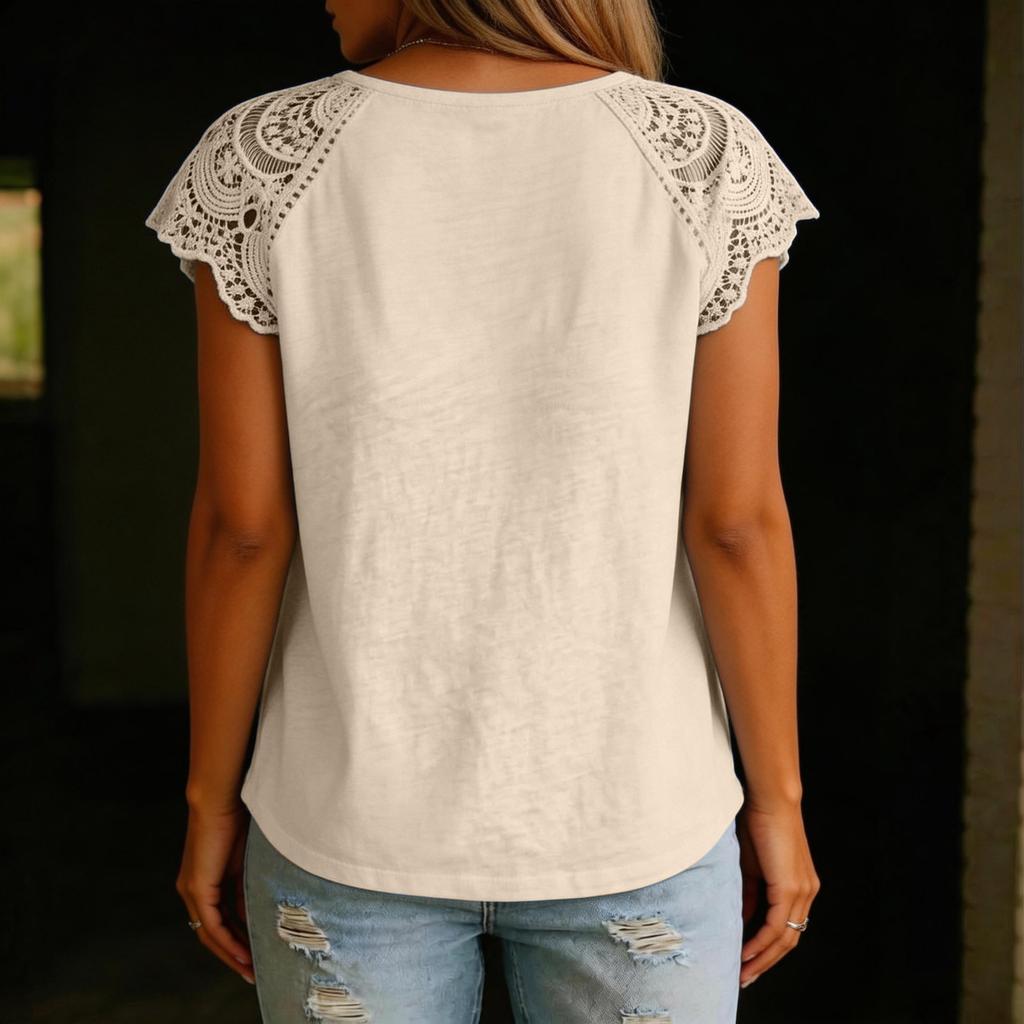 Women's Loose-Fit, Stylish, And Casual Short-Sleeve Top With Lace-Paneled V-Neck