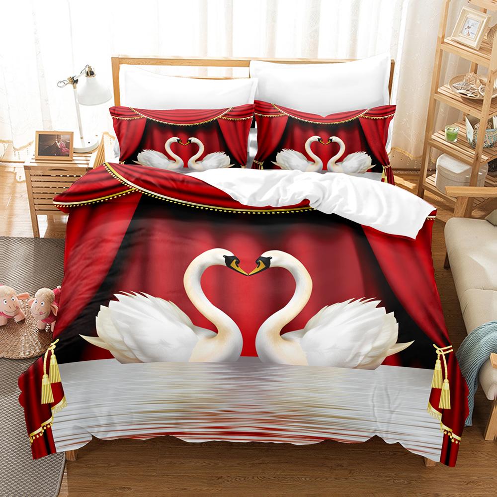 3pcs Swan Couple Bedding Sets 3D Printed Romantic King Full Size For Couples Gifts Duvet Cover With 2 Pillowcases Bedroom Decor