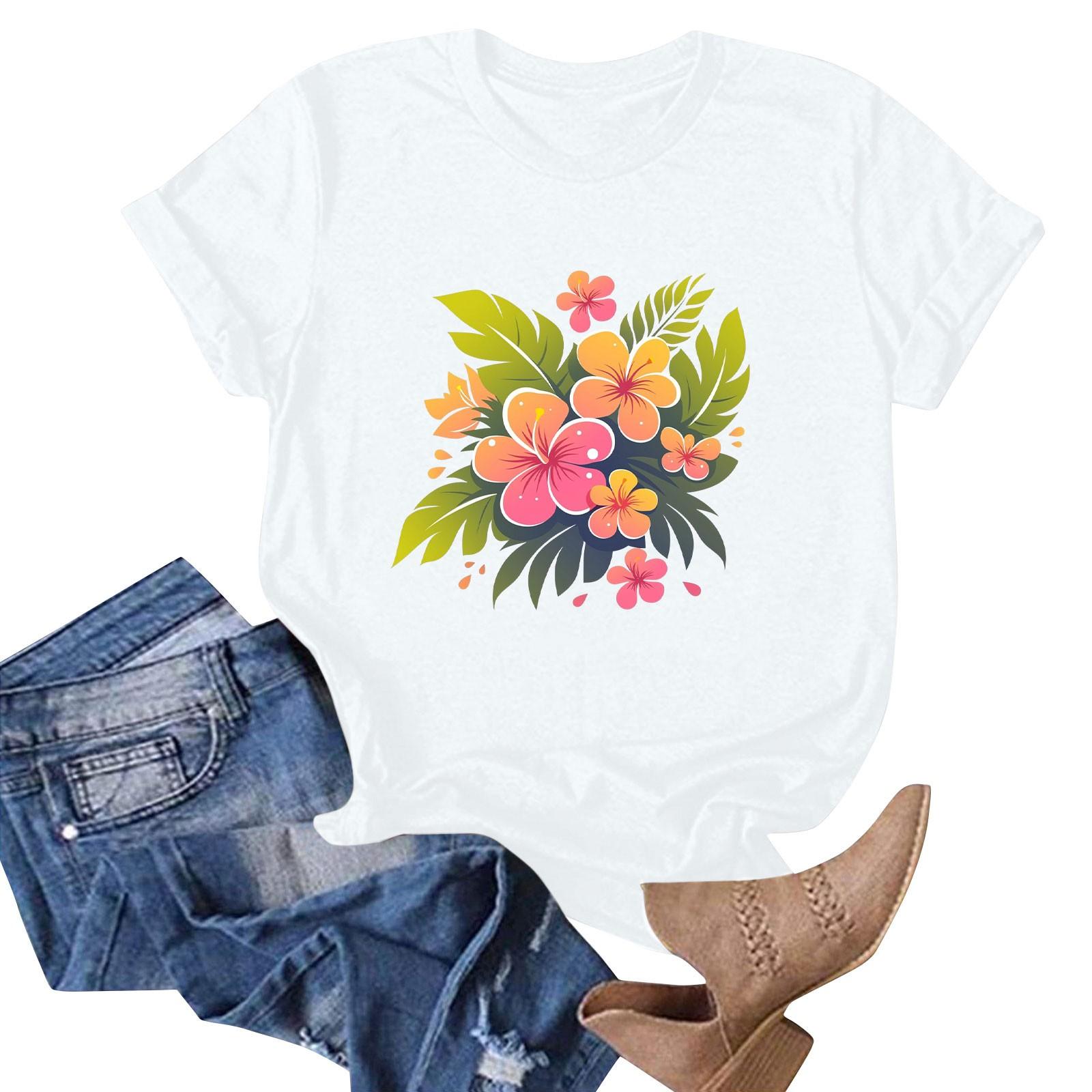 

Жіноча мода повсякденний гавайський принт короткий рукав футболка топ короткий рукав футболка топ XL білий