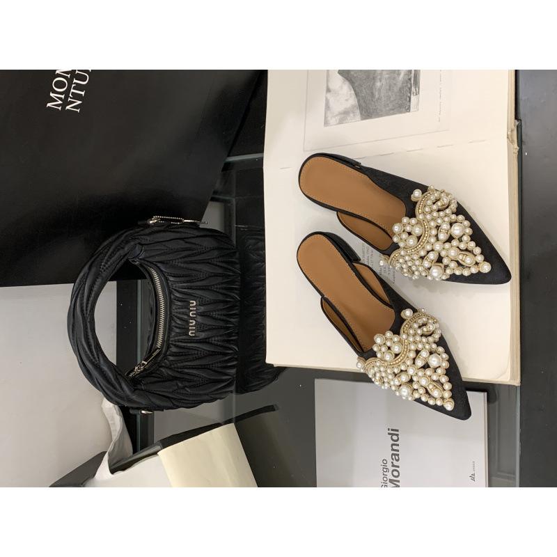 Fashion Pointed Toe Mules For Women 2025 Glitter Slides Shoes Female Slippers Low Jelly New Flat Cover PU Fabric Crystal Hoof Heels Rubb