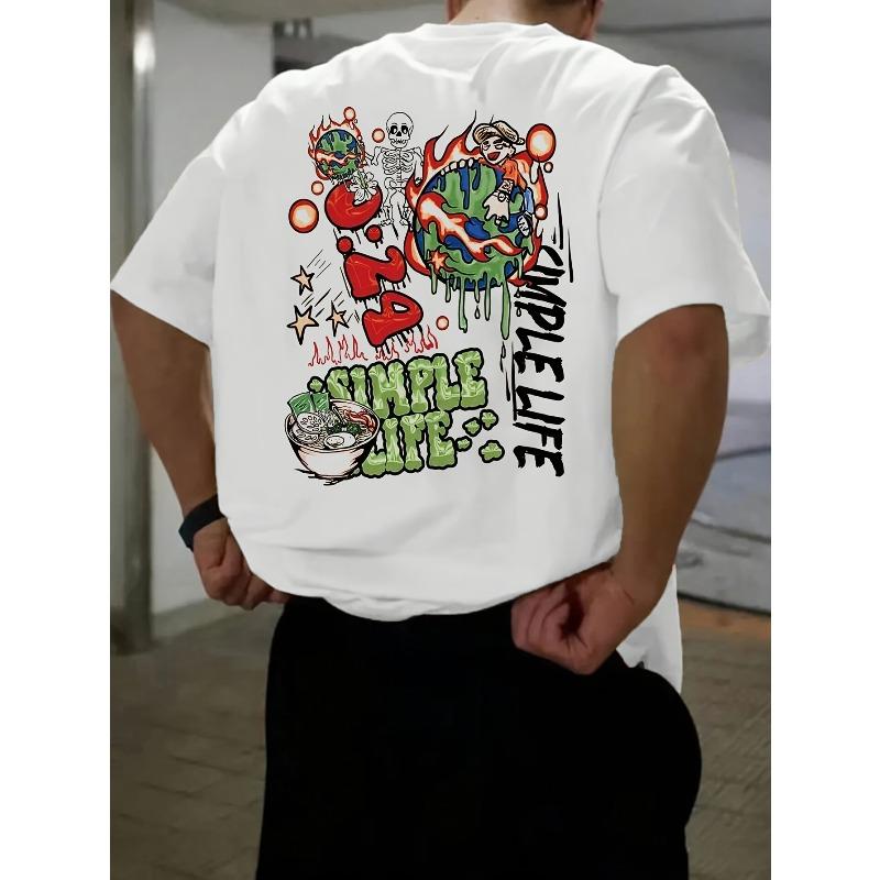 Men S Graffiti Letter Print Crew Neck T-Shirt - Summer Casual Streetwear, for Outdoor Sports And Casual Wear, Art Fashion | Vibrant Design S